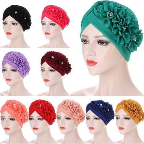 Muslim Women Hijab Hat Chemo Cap Flower Turban Indian Hair Bonnet Beanies Pleated Headscarf Islamic Head Scarf Wrap Cancer Cover