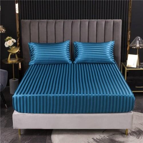 Bonenjoy Bed Cover With Elastic Full Queen Size Fitted Sheet Polyester Satin Mattress Covers For Double Bed Strip(No Pillowcase)