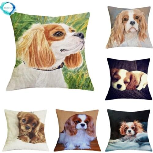 Animal Charles Spaniel Dog Pattern Cotton Linen Cushion Cover Home Decor Pillow Cover for Sofa Car Family almofadas decorativas