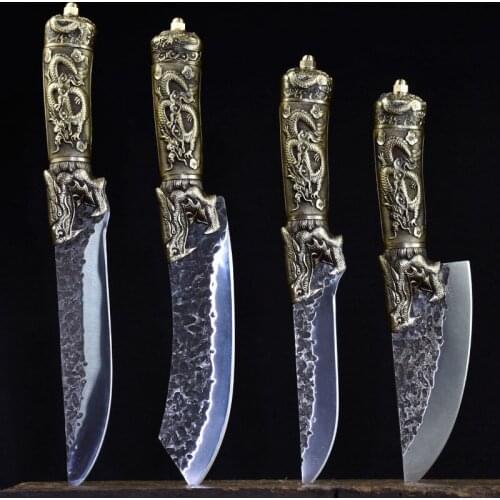 Newest High Carbon Steel Handmade Viking Knife Sharp Hunting Outdoors Light Luxury Kitchen Knives Set Copper Dragon Decor Handle
