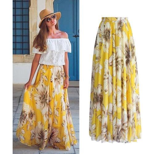 New 2018 BOHO Women Floral Print Pleated Long Maxi Full Skirt Summer Ankle Length Beach