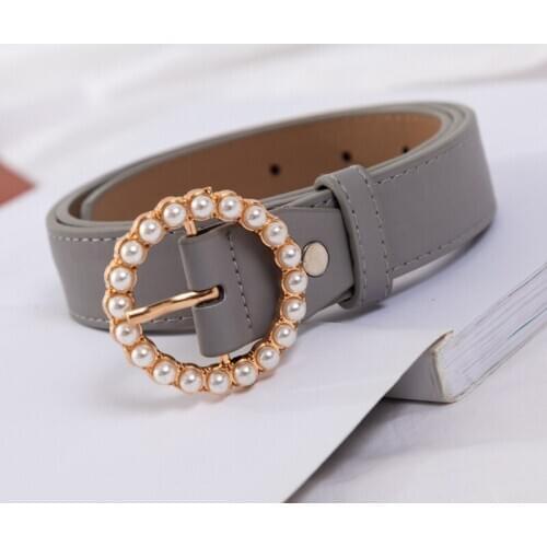 2020 New Fashion Pearl Decorative Belt Ladies Belt Round Pin Buckle Pearl Belts Womens Casual Solid Faux Leather Thin Belt