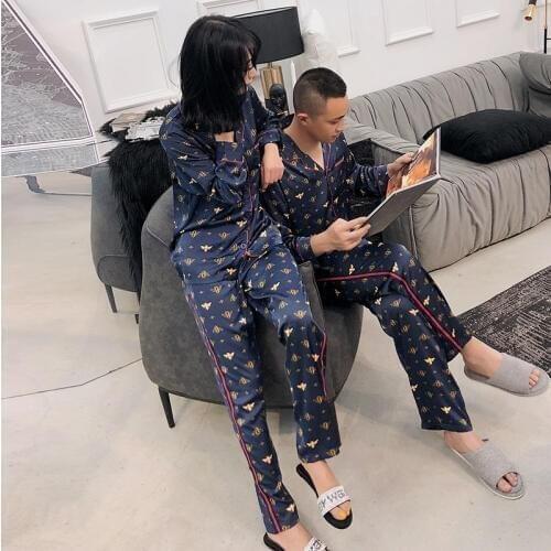 Sexy sweet bee Couples sleepwear pajamas sets women and men Spring Korean ice silk quality long sleeve women pyjamas Hot sale