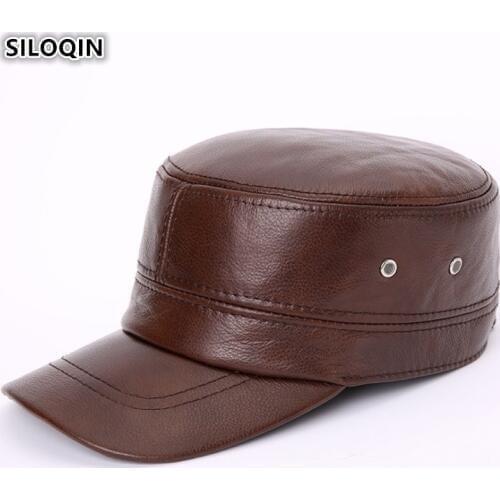 SILOQIN Adjustable Size Mens Army Military Hats With Ears Genuine Leather Flat Caps For Men Winter Cowhide Leather Earmuffs Cap
