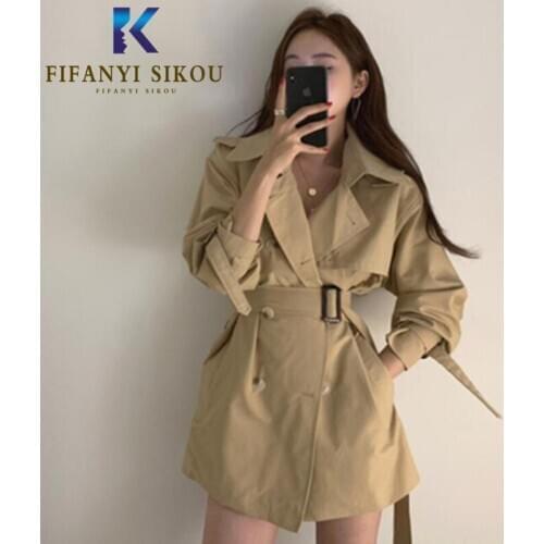 Korean Casual Women Short Trench Coat Double Breasted Lapel Windbreaker Lady Loose Fashion Khaki Trench Coat 2020 Autumn New