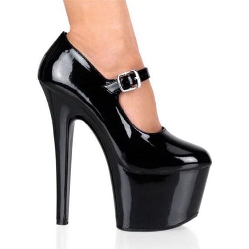 17CM Thin High Heels Women Pumps Patent Leather Buckle Strap waterproof Office & Career Dress Party women shoes 2020 black