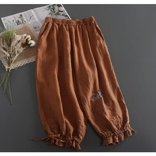 Mori Girl Literature Embroidery Cotton and linen Bloomers Loose Linen Lace Drawstring Cropped Trousers Women