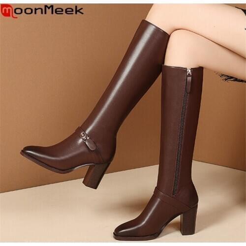 MoonMeek 2020 Big size 35-45 fashion women boots thick high heels square toe knee high boots winter solid color ladies shoes