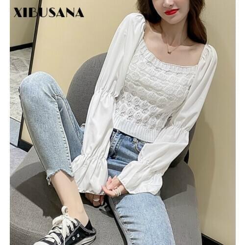Women Square Neck Knitted Shirts Pullover 2021 Spring Autumn Female Long Sleeve Casual Chic Chiffon Patchwork Sweater Crop Tops
