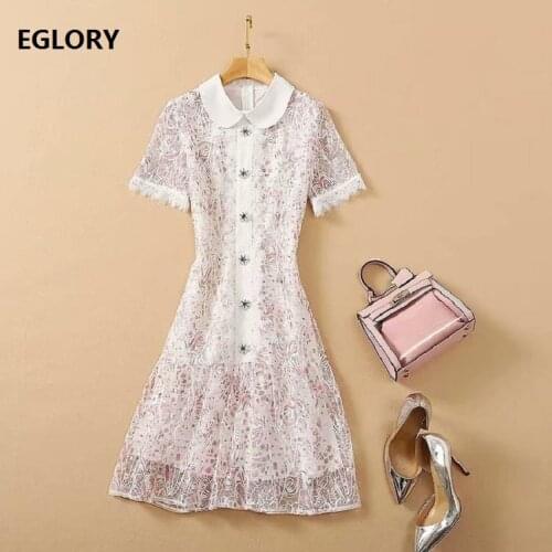 2021 Spring Summer Fashion Lace Dress High Quality Runway Women Peter Pan Collar Sweet Pink Embroidery Short Sleeve White Dress
