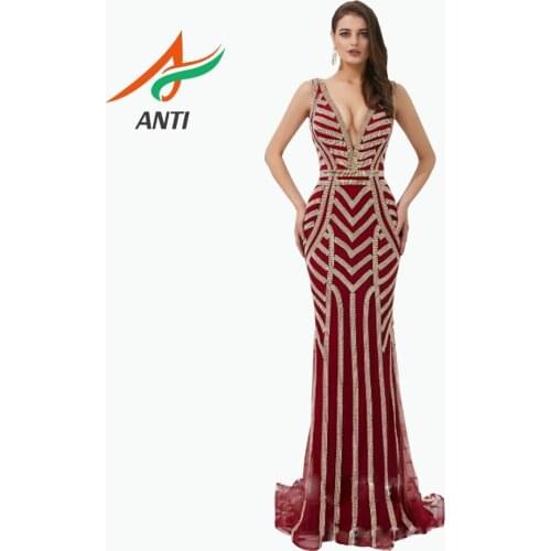 ANTI Dubai Luxury Tulle Beading Crystal Burgundy Mermaid Evening Dress 2019 Party Occasion Formal Long Gowns Plus Size In Stock