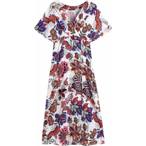 New Vintage Women Printed Cape Dress Short Sleeves V-neck Slit Hem Side Zip Chic Lady Midi Dresses Woman Robe