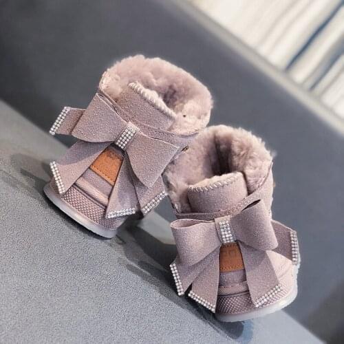 Winter Children Girls Snow Boots Solid Lovely Rhinestone Bow Ankle Boots for Girls Fashion Warm Plush Comfortable girls Boots