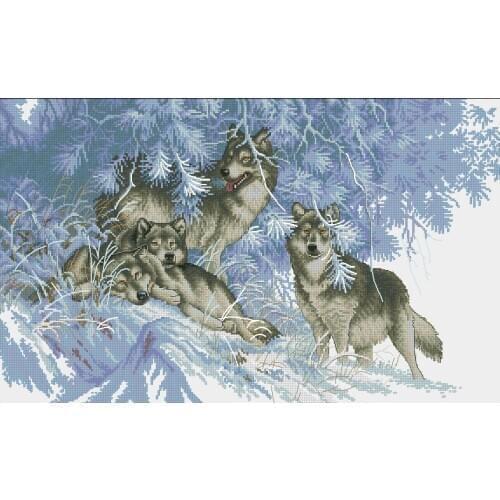 100% egypt COTTON Counted Cross Stitch Kit Wintertime Wolves Four Wolf Pack in Snow Winter dim 35227