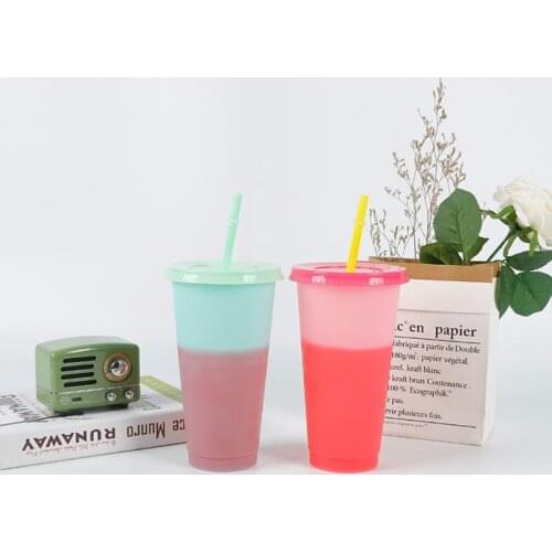 5 Pcs Temperature Change Color Changing Rainbow Cup with Straw and Lid Reusable 720ml Plastic Cup with Straw Decoration Cup 85DA