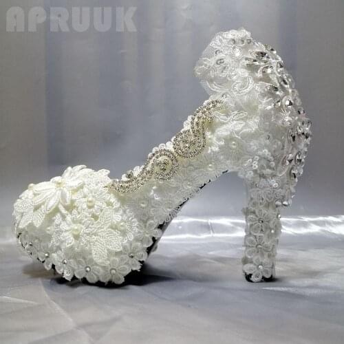 White lace ivory pearls wedding shoes bride handmade luxury super high 11cm heel platforms round toes bride bridal pumps shoe