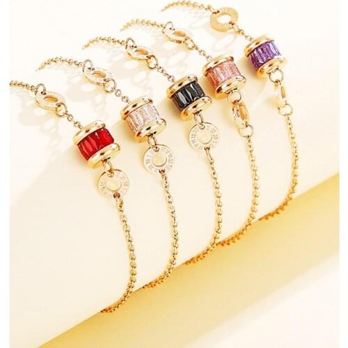 New Delicate Brand Bangle for Woman Multicolor Stone Roman Numeral Circle Titanium Steel Bracelet Rose Gold Jewelry(GB009)