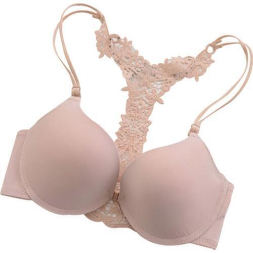Womens Sexy Front Closure Lace Racer Back Push Up Seamless Bras Racer Back Bra Thin Padded Fine Shoulder Strap Solid Intimates