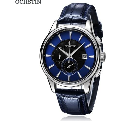 Top Brand OCHSTIN Mens Watches Quartz Watch Blue For Men Leather Strap Quartz Business Men Watch Gift Fashion Relogio Masculino