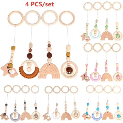 Baby Play Gym Frame Wooden Beech Activity Gym Frame Stroller Hanging Pendants Toys Teether Ring Nursing Rattle Toys Room Decor
