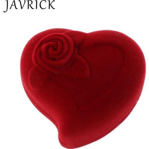 Double Wedding Rings Box Velvet Heart Shape Red Rose Flower Box Jewelry Display