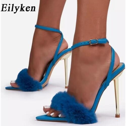 Eilyken New Summer Sandals Women Ankle Buckle Strap Metal Thin High Heels Faux Fur Pointed Toe Shoes Wedding Party Pumps Blue