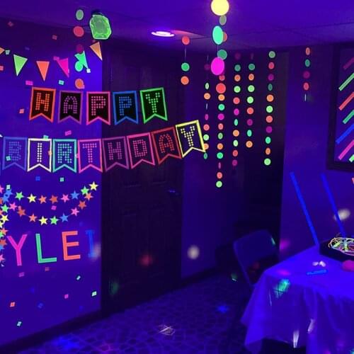 Fluorescent Neon Happy Birthday Banner Glow Star Circle Hanging Garland Banner Flags Birthday Christmas Neon UV Glow Kids Favors