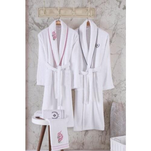 White Embroidered 100 Cotton Bathrobe Set 4 Piece High Quality Turkish Textile