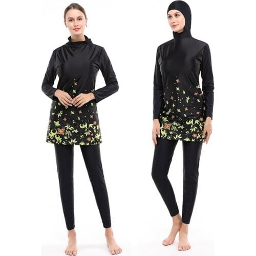 New Digital Print Swimsuit Women Conservative Beach Wear Full Cover Swimwear Split Long Sleeved Swimming Clothes Muslim Burkini