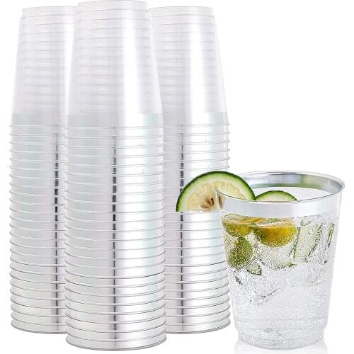 20-Piece Disposable Cup Silver Golden Rose Gold Rim Hard Plastic Cup 10 oz Clear Glasses Birthday Wedding Party Supplies
