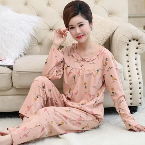 Autumn Pijama Feminino Knitted Cotton Women Pajamas Set Print Long Sleeve Casual Loose Plus Size M-4XL Sleepwear Girls Homewear