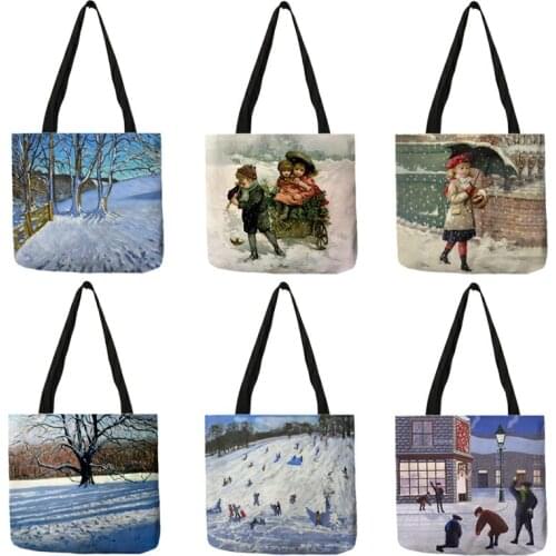 Christmas Snowscape Printed Bags For Women 2020 Casual Shoulder Bag New Yer Gift Multiuse Shopping Totes Reusable B13141