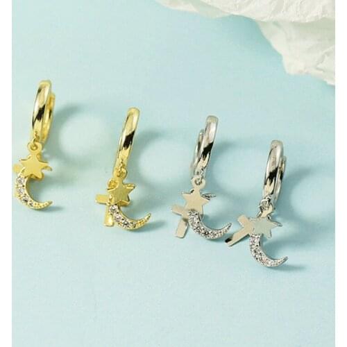 925 Sterling Silver Diamond The Moon Stars Cross Hoop Earrings for Women Geometric Baroque Gold Silver Jewelry