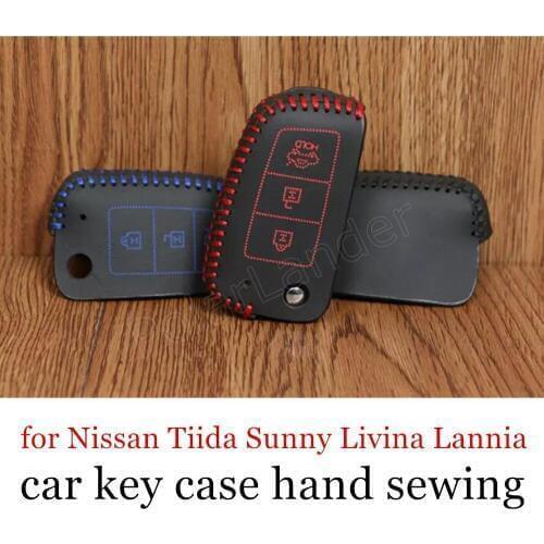 Only Red high quality car key case sewing Hand car key cover case Genuine leather fit for Nissan Tiida Sunny Livina Lannia