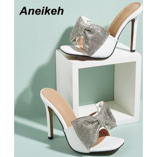 Aneikeh Womens Shoes Summer Fashion Slides Rhinestone Butterfly-knot Sexy Square Toe Thin Heels Pumps Solid Slippers New 2021