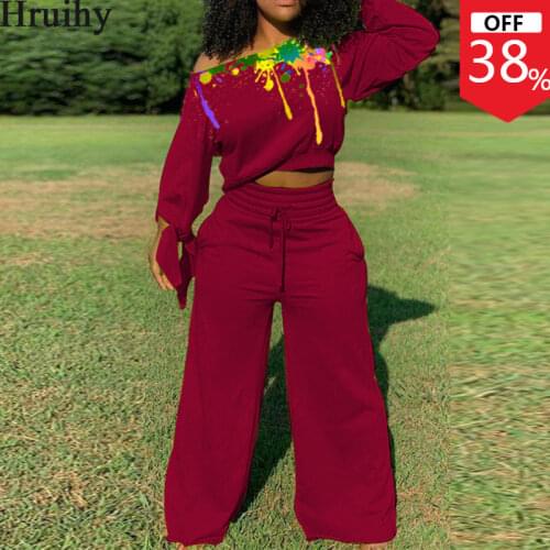 New Fashion Woman Set Off The Shoulder Sweathirt&long Pants Splash Ink Printing Loose Streetwear Autumn 2 Piece Pants Sets Women