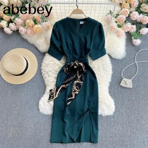 Women Elegant French Dress Sweet Lace V Neck Short Sleeve A-line Dresses Summer Chic Belt Streetwear Solid Midi Dress