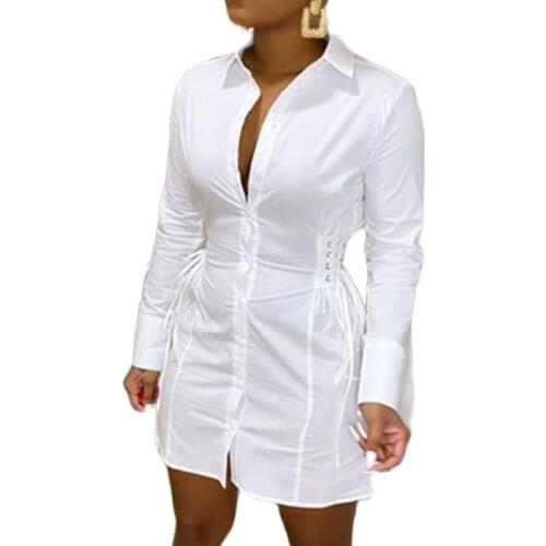 RStylish Fall 2021 New Single Breasted Side Lace Up Elegant Office Lady Solid Long Sleeve White Shirt Dresses