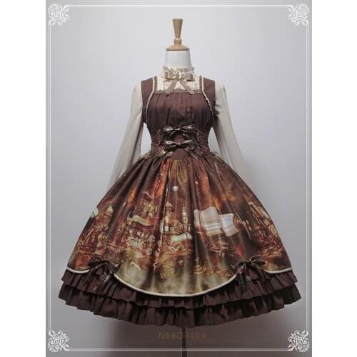 Steam Castle Gorgeous Womens Gothic Puck Lolita JSK Dress Cool Brown Suspender Dress 2017 Spring