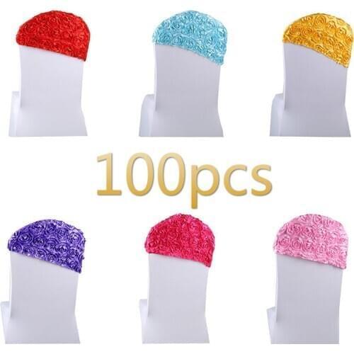 100pcs/Lot 3D Rose Elastic Spandex Chair Bow Sash Stretch Chair Sashes Band Ribbon For Banquet Hotel Wedding Party