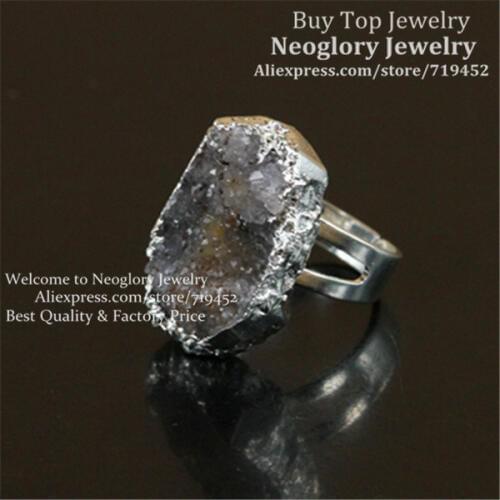 5PCS Amazing Natural Grey Druzy Glass Ring,Silver Bezel Crystal Quartz Drusy Gem Ring Adjustable Finger Ring