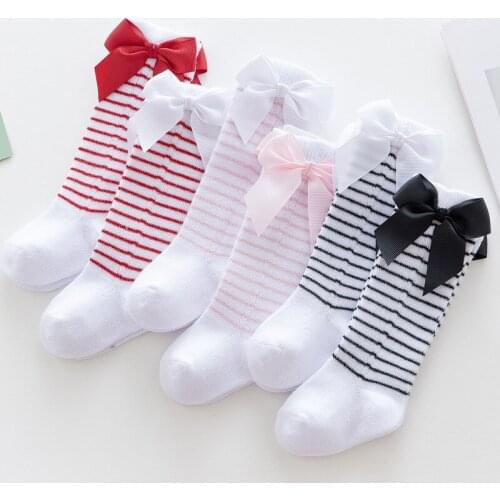6Pcs/lot Toddlers Girls Socks Striped Cotton Baby Socks Newborn Knee Spanish Style Socks with Bow Kids Accessories 0-3Y