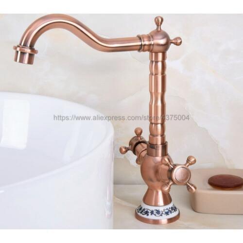 Antique Red Copper bathroom Faucet Sink hot and cold water Tap bath Basin Sink Mixer Double Handle Nnf613