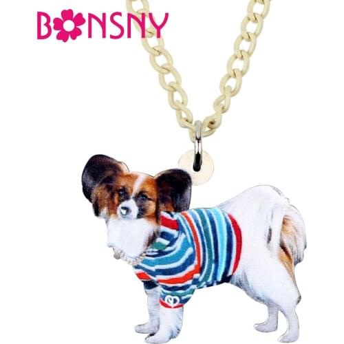 Bonsny Acrylic Colorful Striped Coat Papillon Dog Necklace Pendant Chain Choker Fashion Pet Jewelry For Women Girls Charms Gift