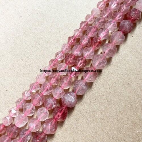 15" Natural Stone Big Cuts Faceted Strawberry Quartz Round Loose Beads 6 8 10 mm Pick Size