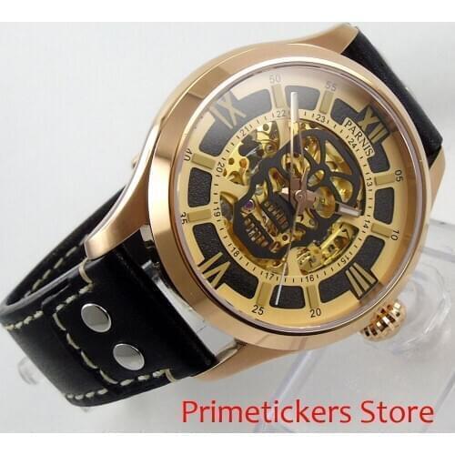 45mm PARNIS Gold Dial Automatic Movement Mens Watch Leather Strap Sapphire Glass