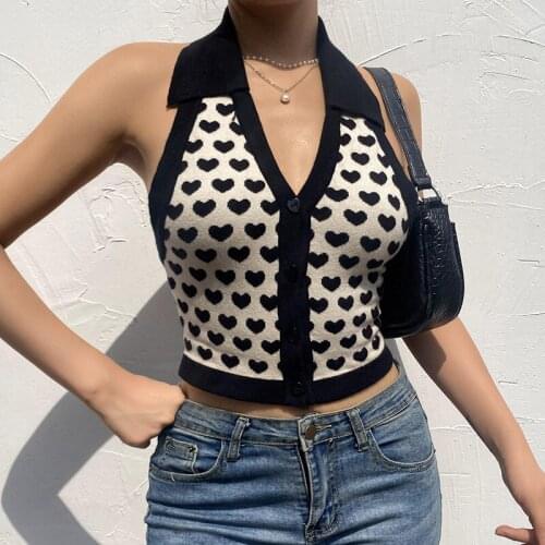 Womens Halter Crop Tank Tops Summer Casual Sleeveless Lapel V Neck Heart Print Button Down Camisole Pullover Jumper Tops Shirt