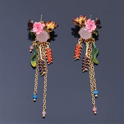 European and American Summer Wild Monet Garden Enamel Glaze Pink Flower Butterfly Long Tassels Show Face Thin Stud Earrings