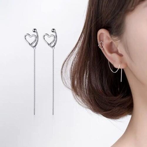 Ear Clip Long Tassel Earrings Siver Plated Empty Heart-shaped Long Ear Line Ear Cuff for Women Wedding Gift Female Jewelry