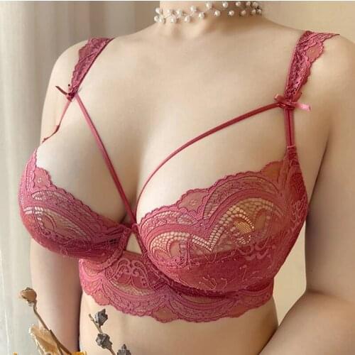 Deep V Large Size Lace Bra and Panty Set Womens Thin Embroidered Push-up Sexy Lingerie Set Womens Red Underwear A B C D E Cup